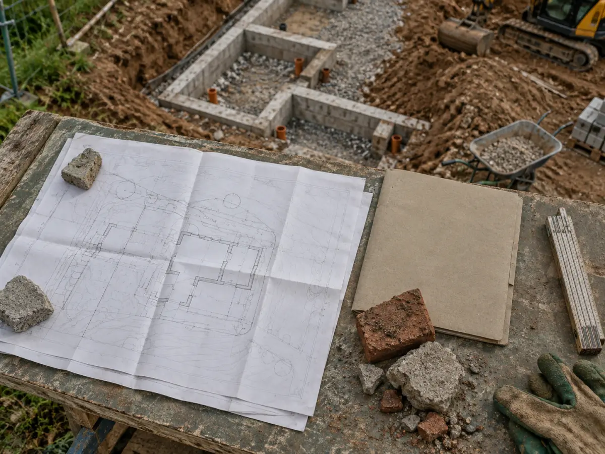 Bauunterlagen ohne lesbare Beschriftung neben Ziegel- und Betonstücken auf einer matten Arbeitsfläche.