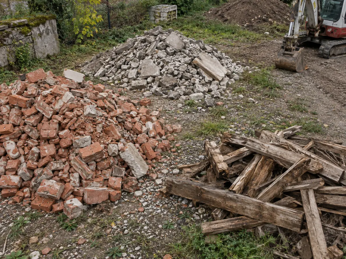 Getrennte Haufen aus Ziegelbruch, Beton und unbehandeltem Holz auf einem Baugrundstück.