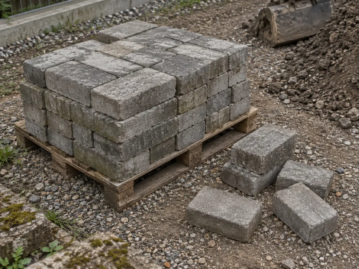 Graue Pflastersteine auf einer Holzpalette neben einzelnen Steinen auf befestigtem Untergrund.