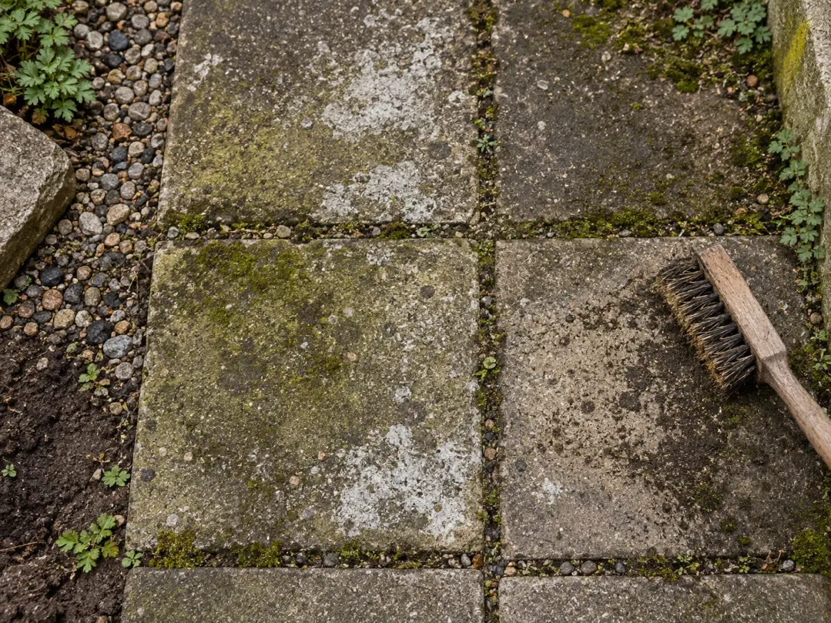 Betonpflaster mit Grünbelag, hellen Ausblühungen und einer danebenliegenden Bürste als Übersicht zur materialgerechten Reinigung.