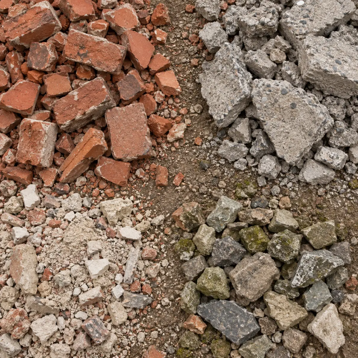 Sortierter Bauschutt von oben: Ziegelbruch, Betonbrocken, Mörtelreste und Natursteine.