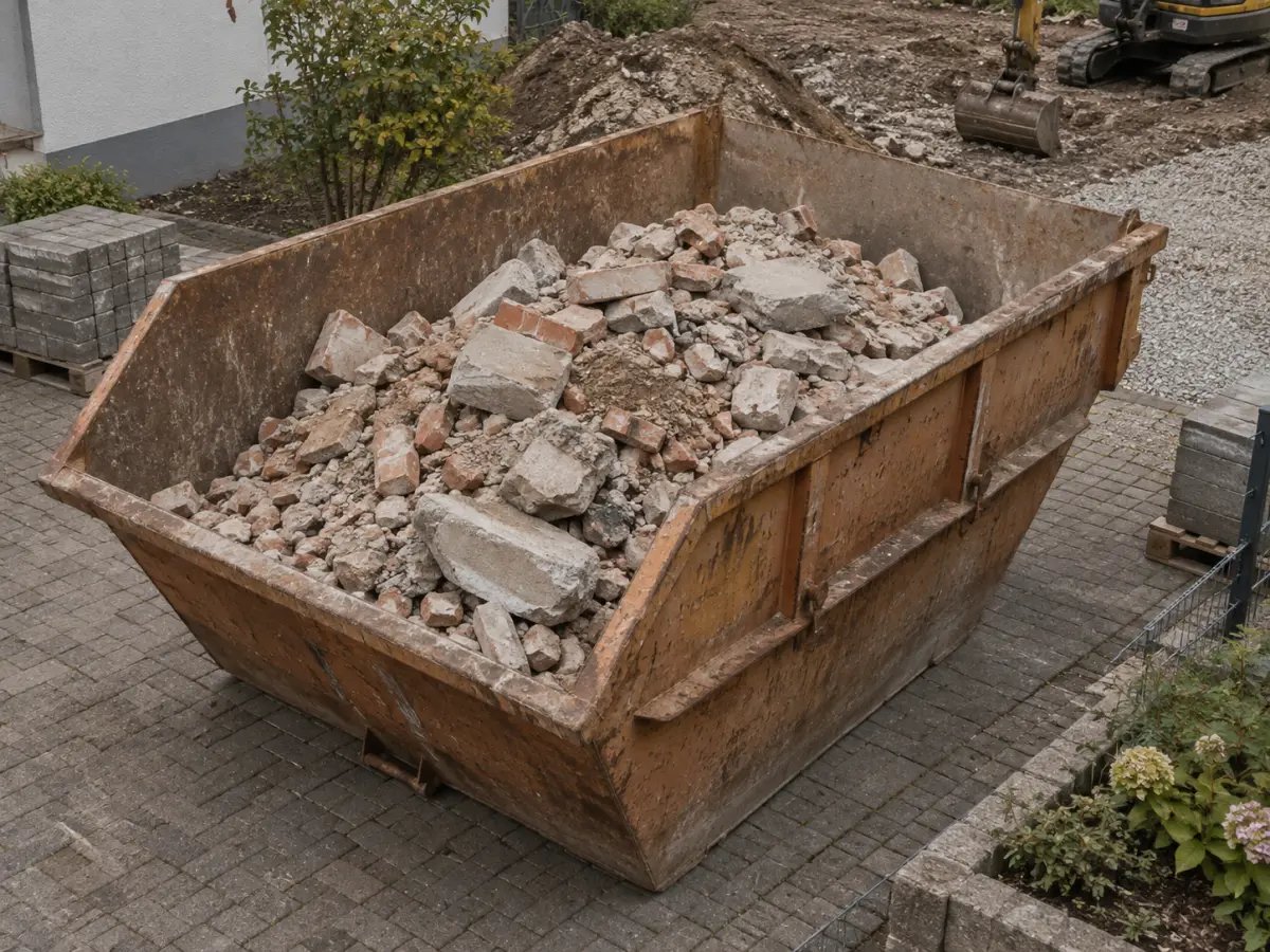 Absetzmulde mit getrennt gesammelten Ziegel- und Betonbruchstücken auf einem befestigten Grundstück.