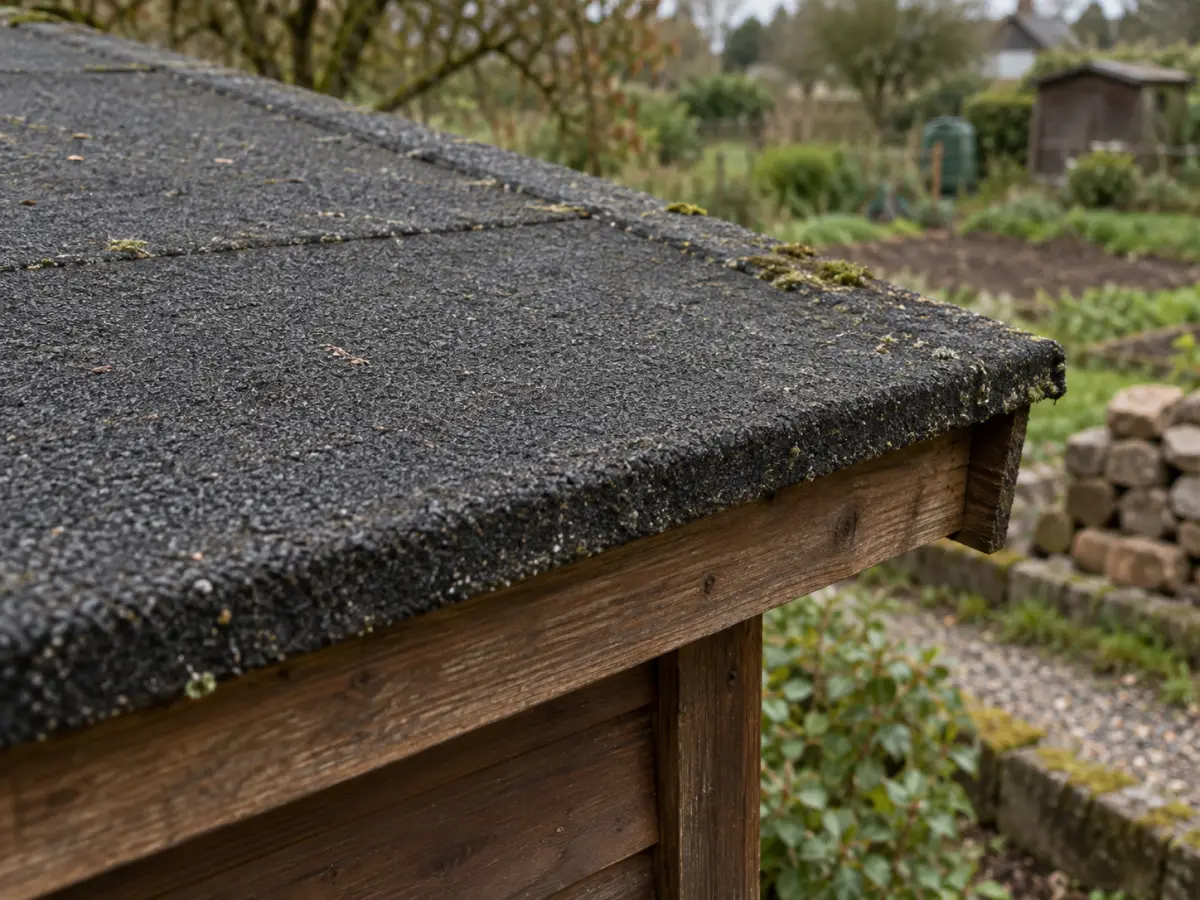 Unbeschädigte schwarze Dachbahn auf einem Gartenhüttendach mit Holzrand und Moos im Hintergrund.