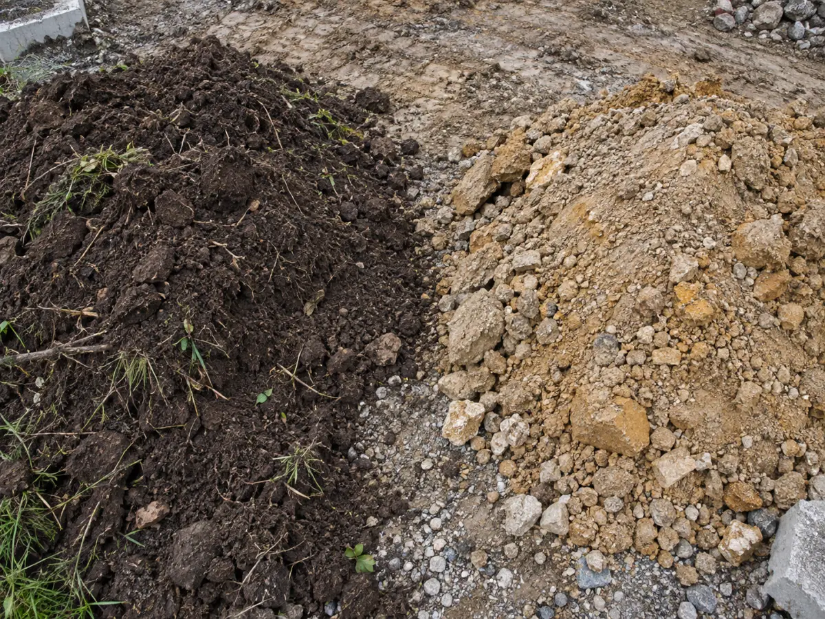 Getrennte Haufen aus dunklem Oberboden und hellerem mineralischem Aushub auf einem Baugrundstück.