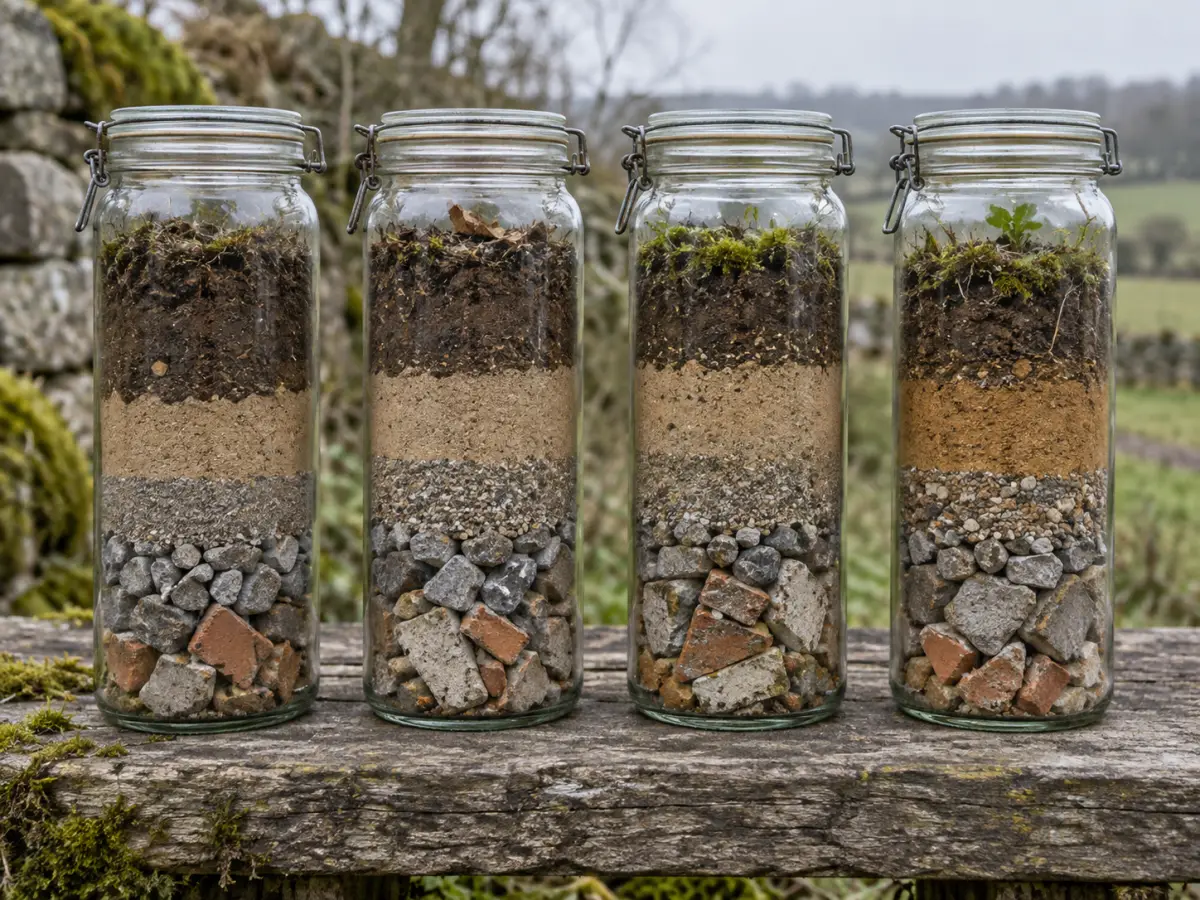 Vier Gläser mit geschichteten Proben aus Mutterboden, Sand, Splitt, Schotter und Ziegelbruch.
