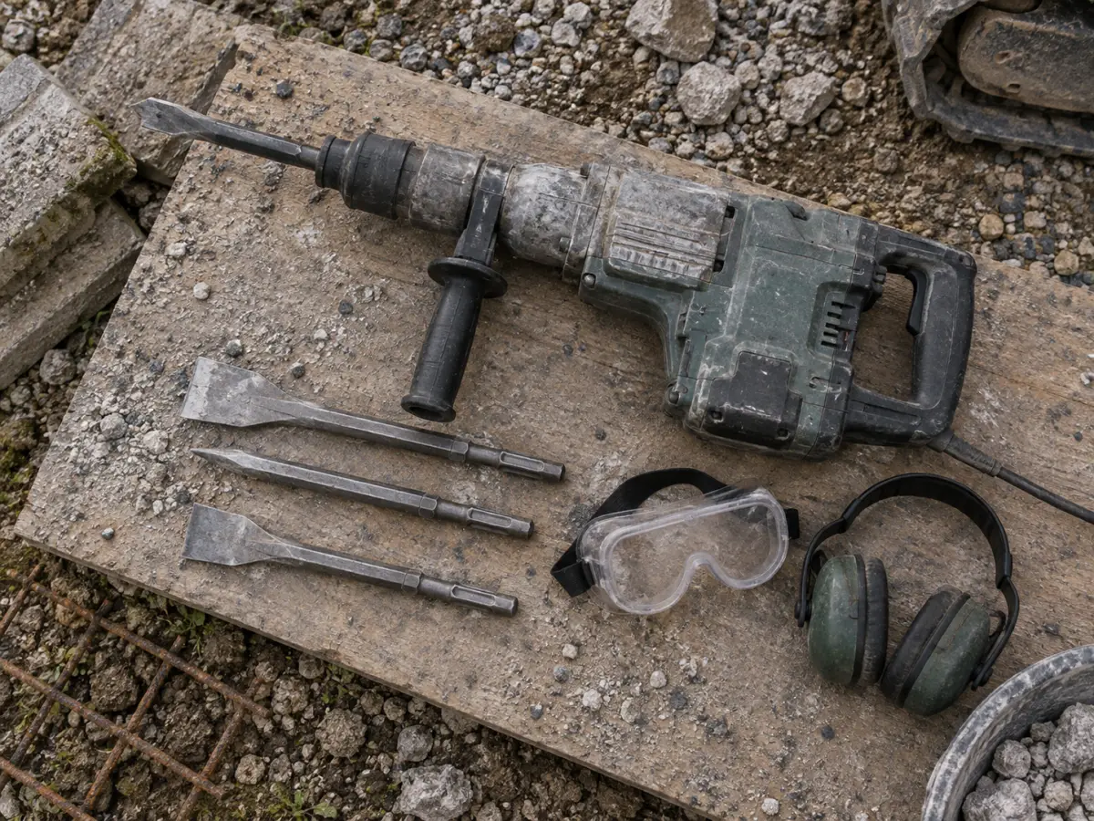 Abbruchhammer mit Meißeln, Schutzbrille und Gehörschutz auf einer staubfreien Werkstattfläche.
