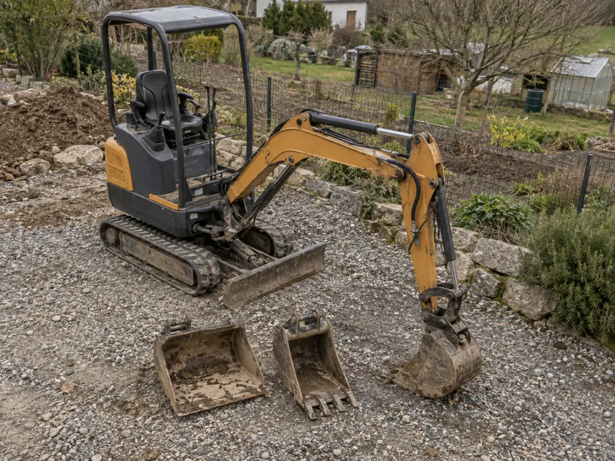 Kleiner Minibagger mit zwei Baggerlöffeln auf einer befestigten Fläche neben einem deutschen Gartengrundstück.