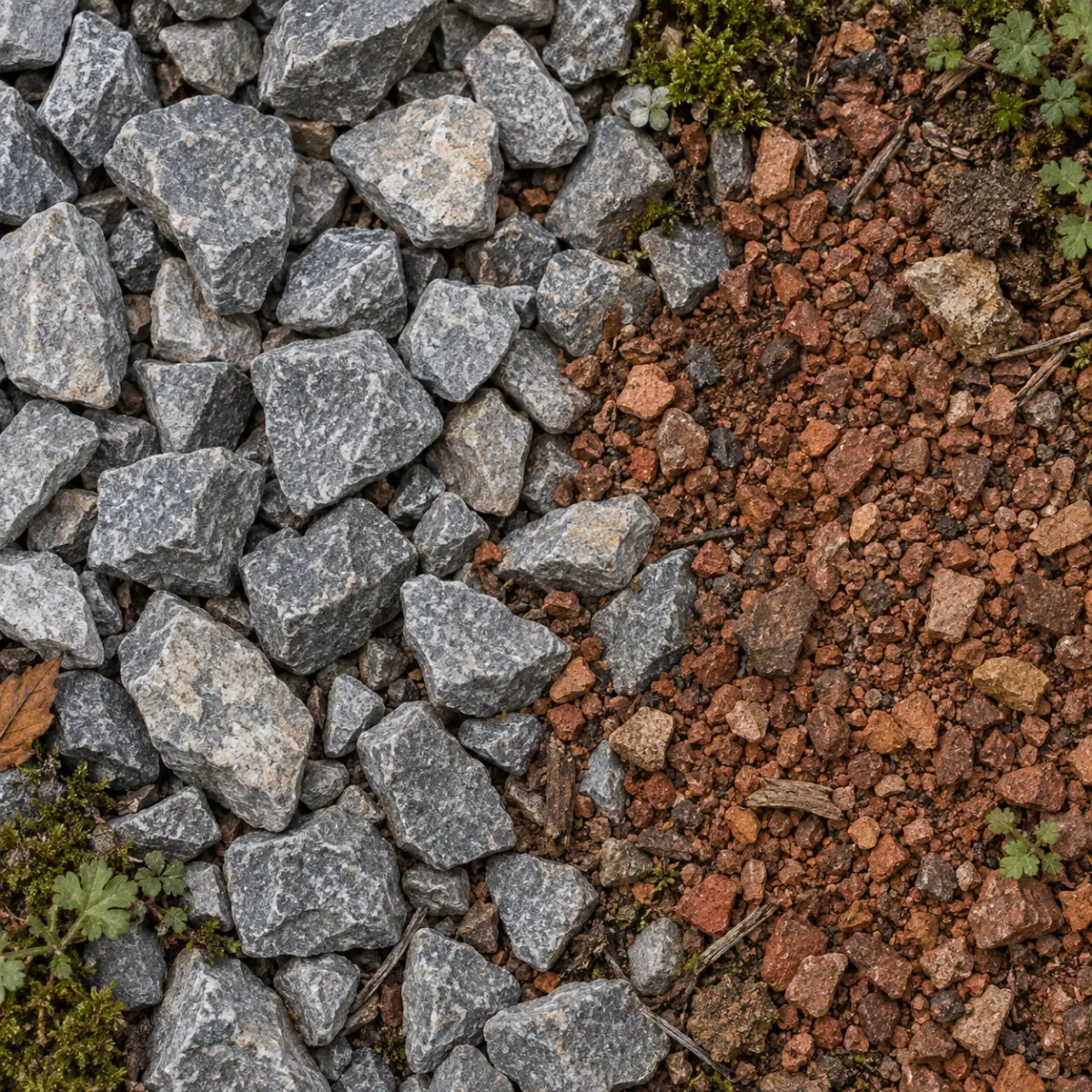 Grauer gebrochener Schotter neben feinem rotbraunem Splitt, von oben fotografiert.